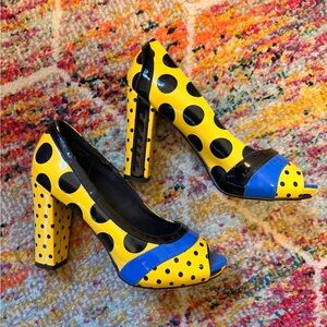 Not Rated Yellow Polka Dot Peep-Toe Heels with Blue Accent